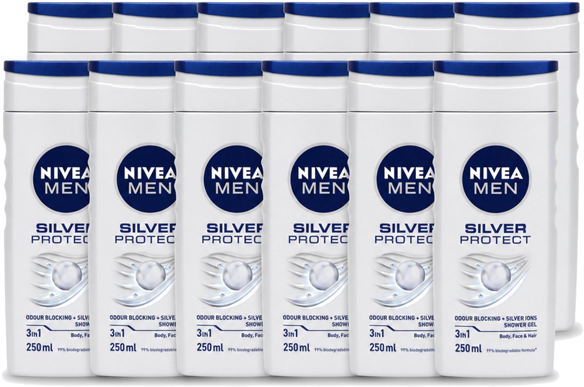 12 x Nivea Men – Douchegel – Silver Protect – 250 ml - Voordeelverpakking - 12 stuks