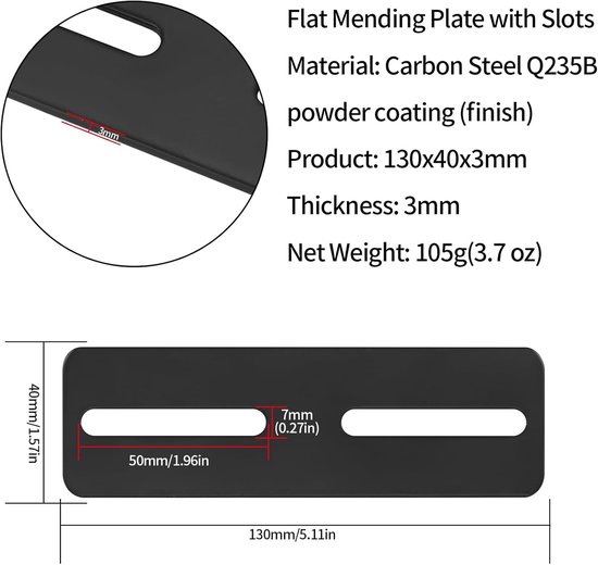 Vlakkoppeling met 6 stuks, Metalen verbindingsstukken hout verbindingsstukken monteerplaat, Zwart Platte hoekklem met lange gaten voor houten meubels - 130x4x3mm — afbeelding 2