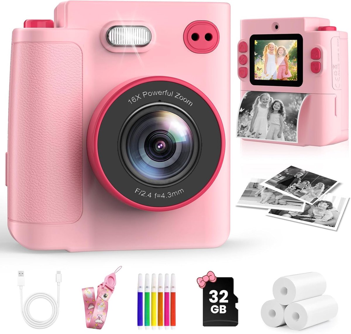 Print kindercamera,1080P instant camera voor kinderen, kids digitale camera met 32 GB kaart en fotopapier, kerstverjaardagscadeaus kinderspeelgoed voor kinderen van 3-12 jaar
