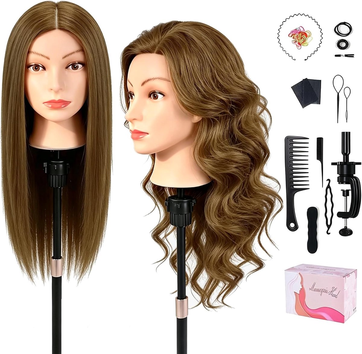 Kappershoofd, echt haar, 45 cm, oefenhoofd, 100% echt haar, cosmetologie, poppenhoofd met klem + doe-het-zelf haarkapselset (lichtbruin)