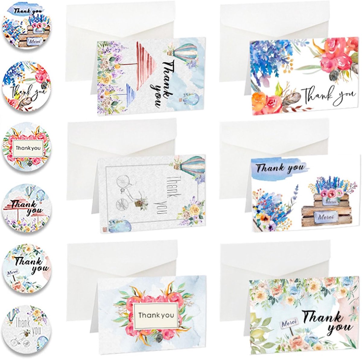 Bedankkaartenset met enveloppen, stickers, bloemenmotief, bruiloft, verjaardag, doop, babyshower, klanten, bedankkaarten, mooie wenskaarten, elegant bloemenpatroon