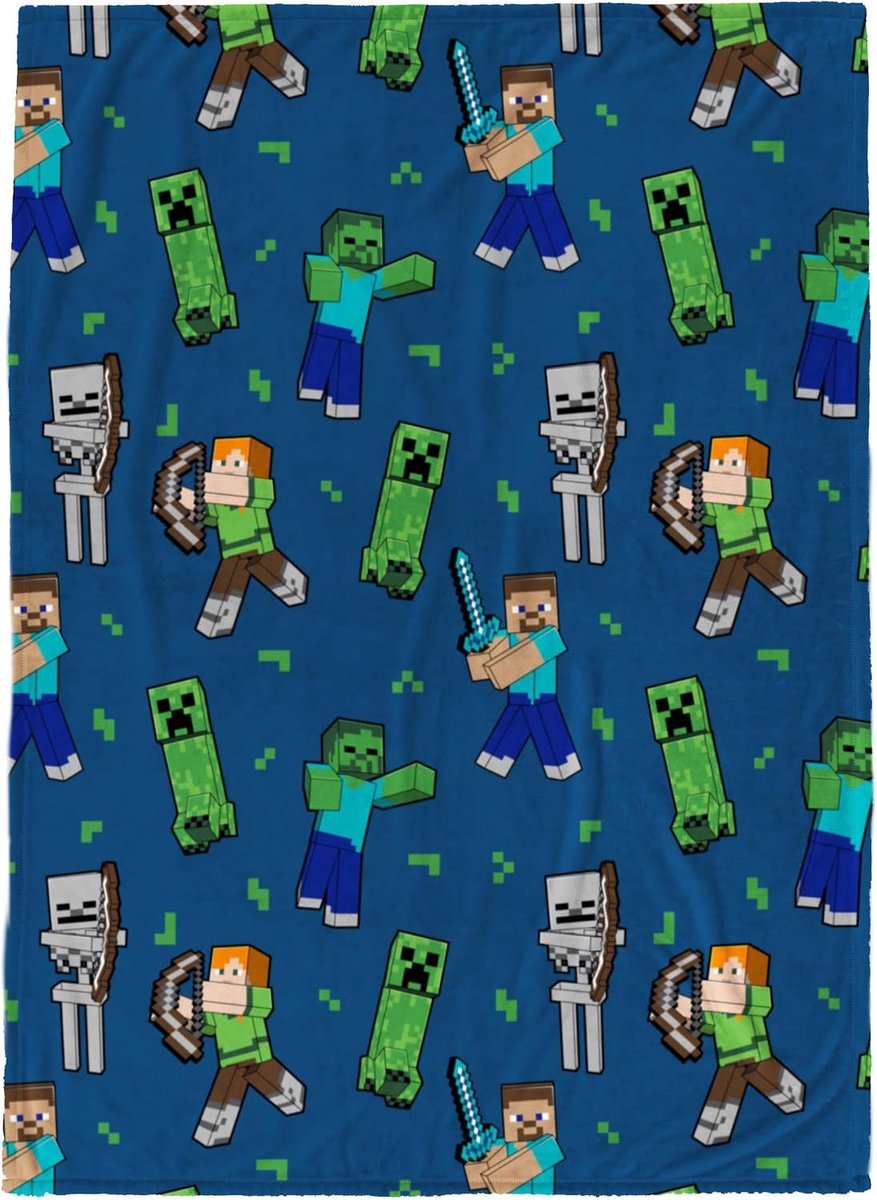 Franco Minecraft pluche deken voor kinderen - 130 x 150 cm, zachte en gezellige fleece plaid voor slaap- en bankdecoratie, officieel gelicentieerd product, blauw