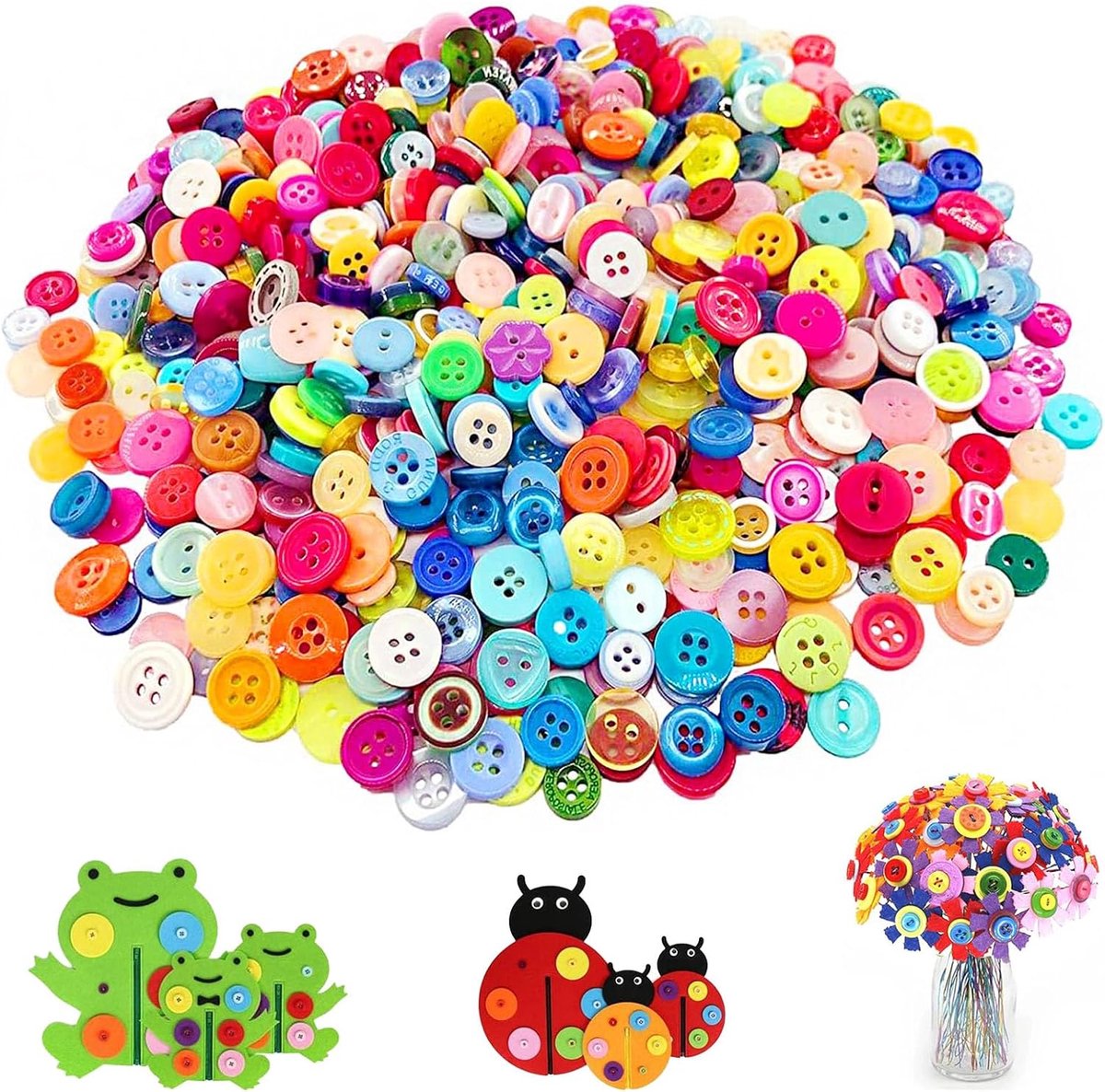 Verpakking van 1000 kleurrijke knoppen, ronde knutselknoppen, plastic knutselknoppen, knoopset voor kinderen, ronde gekleurde knoppen, verschillende maten en kleuren, voor kinderen, DIY knutselen