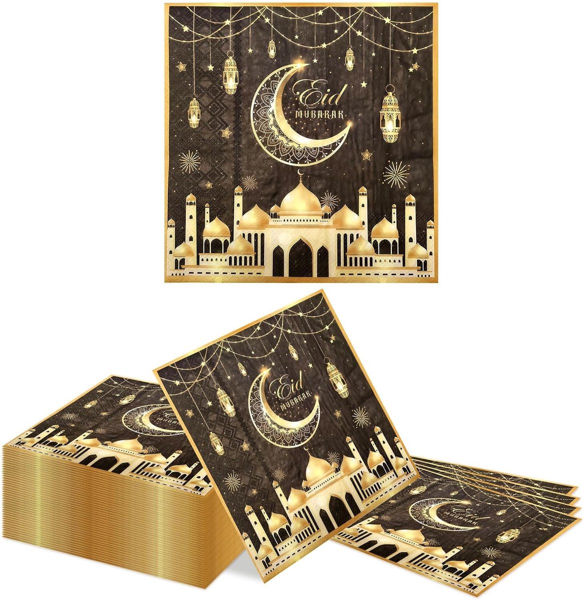 40 Stuks Zwarte Gouden Eid Design Ramadan Mubarak Papieren Servetten - Twee Laags Feestaccessoires voor Eid Mubarak en Moslim Keuken