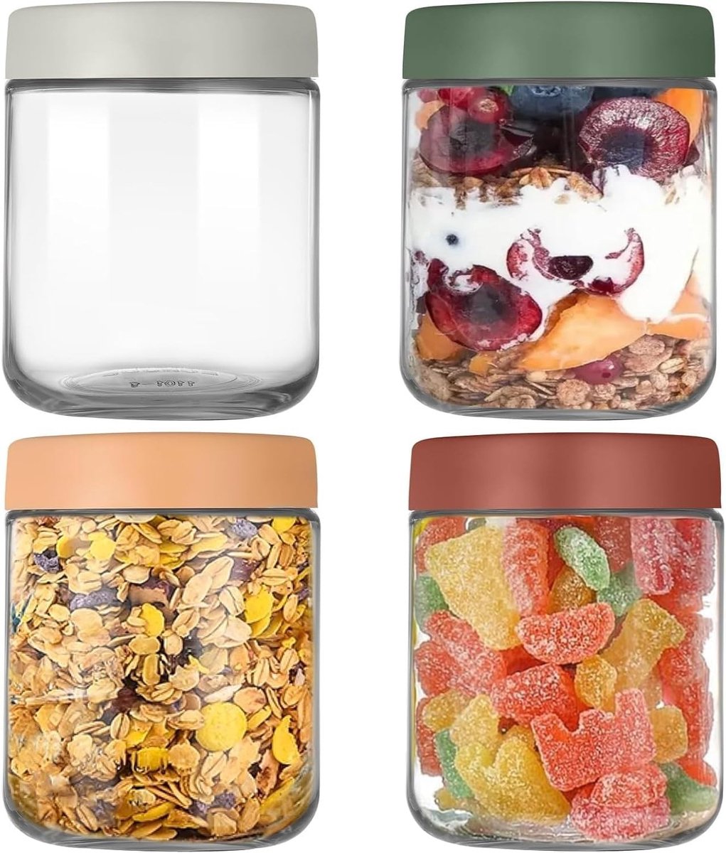 4 Stuks Glazen Jars voor Overnight Oats, 500ml Met Brede Opening en Lekvrije Deksels voor Voedselopslag, Snacks en Droge Voeding