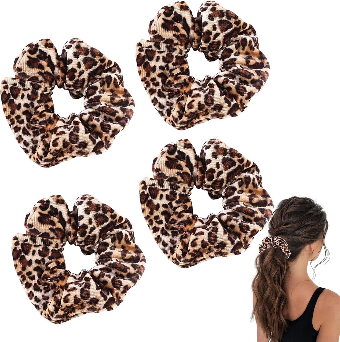 Set van 4 Elastische Haar Scrunchies met Luipaardprint - Dikke Fluwelen Haarbanden voor Lang, Fijn en Krullend Haar