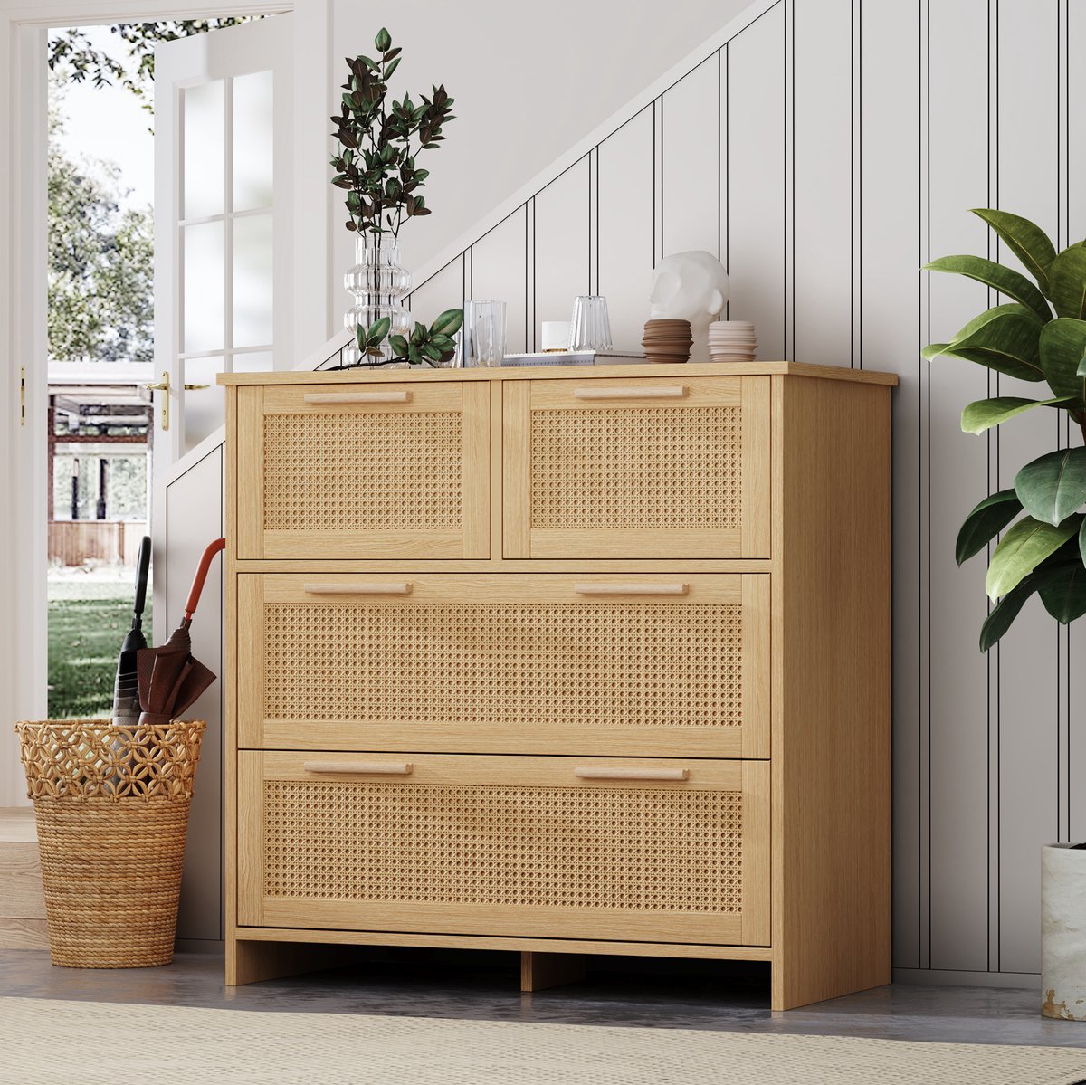 MEUNIQ Ladekast met 4 lades en rotandecor, 80 x 38 x 80 cm, MDF opbergkast met anti-kantelvoorziening voor slaapkamer, woonkamer of hal, naturel