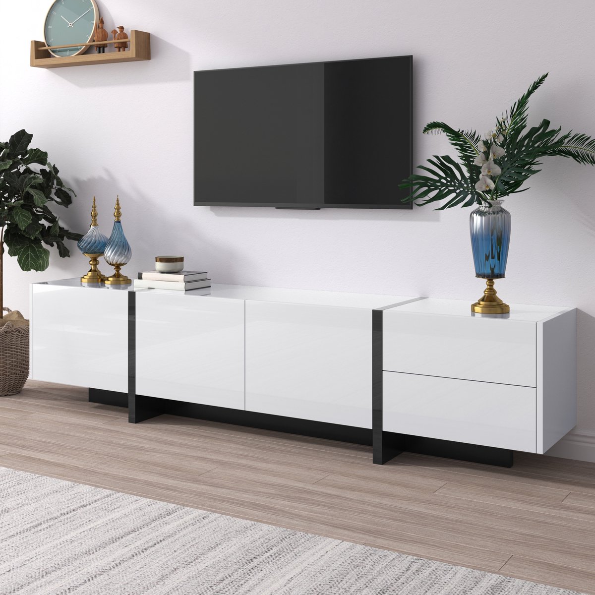 MUVANO Tv Meubel Hoogglans Wit - Tv Kast Zwart Wit - Lowboard 190 cm-Tv Kast 60 Tot 69 Inch - 190x35x45cm- Opbergen - Woonkamer Zwart Wit