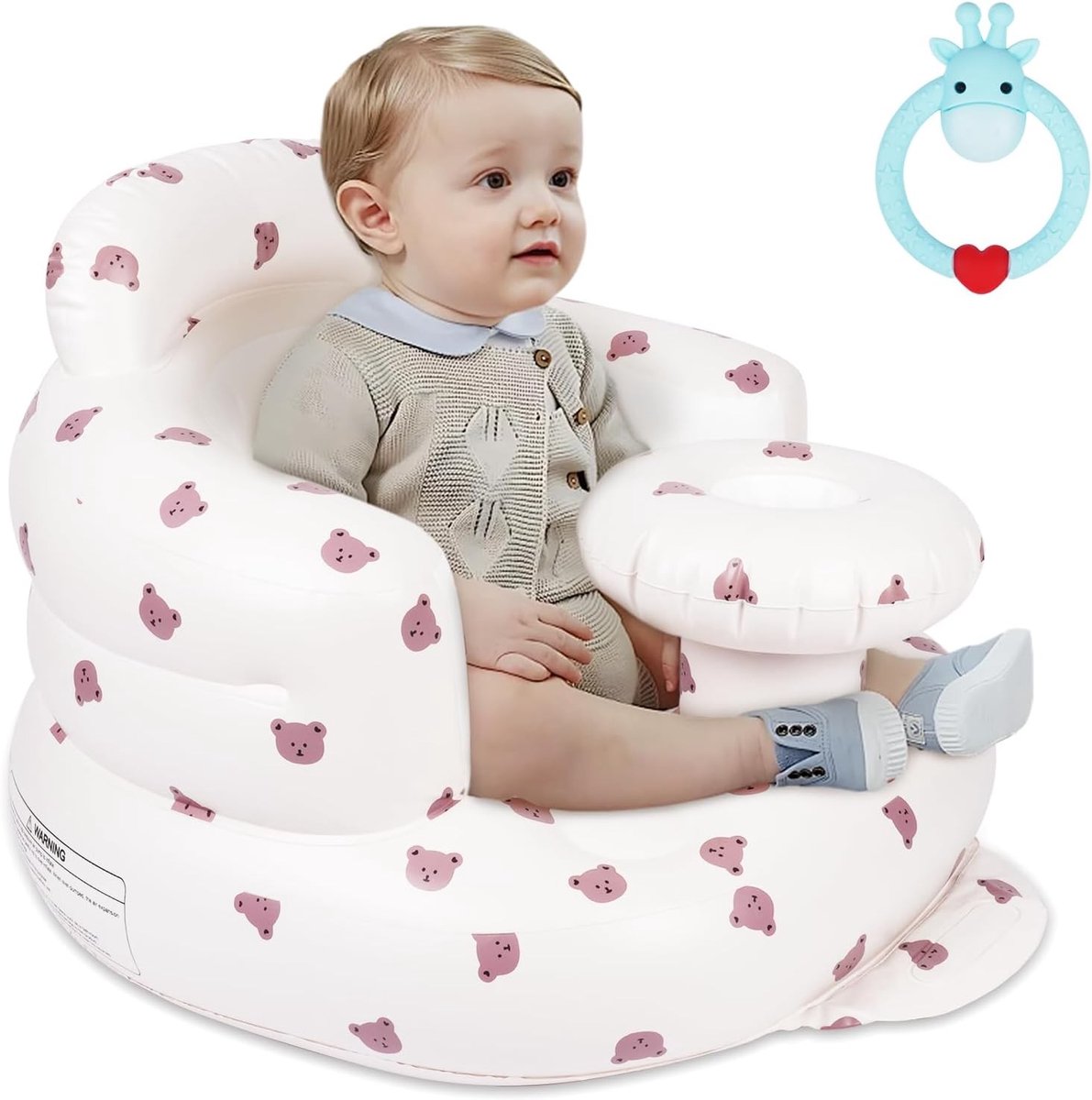 Opblaasbare Babystoel met Berenhoofd en Ingebouwde Luchtpomp, Comfortabele Zitplek voor Baby's vanaf 3 Maanden, Ideaal voor Reizen, Eten en Kamperen