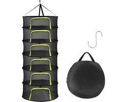 Droognet voor Kruiden – 6-laags Hangend Droognet Ø 58 cm – Opvouwbaar Droognet van Polyester Mesh – Kruidendroger en Droogrek met Rits per Laag – Droognet met Rits, Haak en Opbergtas – Voor Kruiden, Bloemen, Fruit en Groente – Zwart