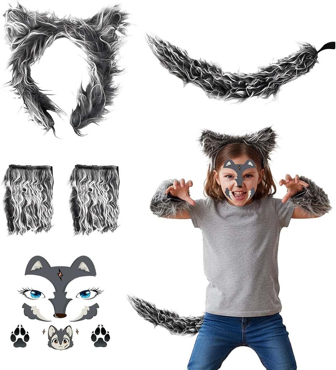 Wolf Kostuum Accessoires Set met Oren, Handschoenen, Staart en Gezichtstickers voor Kinderen en Volwassenen, Perfect voor Halloween en Verkleedpartijen