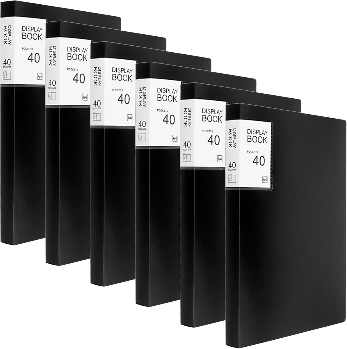 Set van 6 A4 zwarte displaymappen met 40 insteekhoezen, transparante documentfolders voor kantoororganisatie en archivering.
