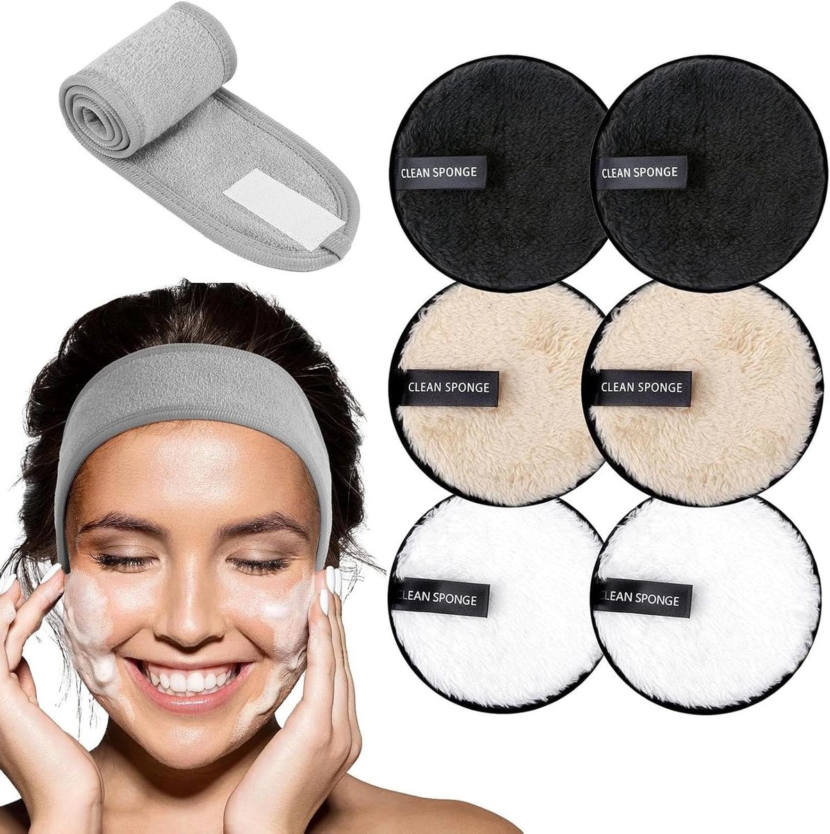 Herbruikbare Make-up Verwijder Pads met Spa Gezichtsdoek en Hoofdbanden - Zachte Microvezel Reinigingspads voor Effectieve Gezichtsreiniging en Make-up Verwijdering
