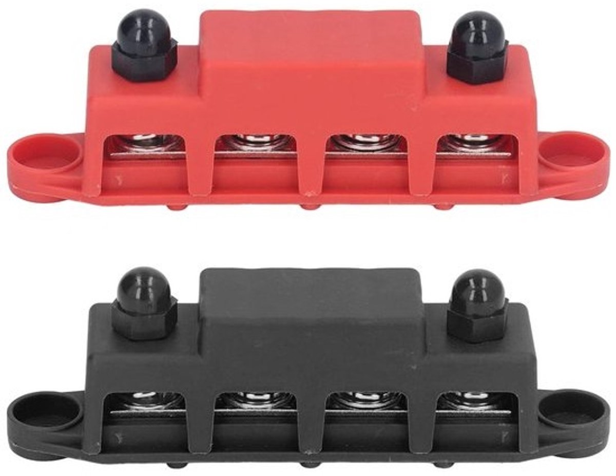 Rood Zwart Stroomverdeling Blok M8 48V 250A 4 Terminal Bus Bar Met Messing Bord - Set van 2, Brede Toepassing Voor Dc Voedingssystemen