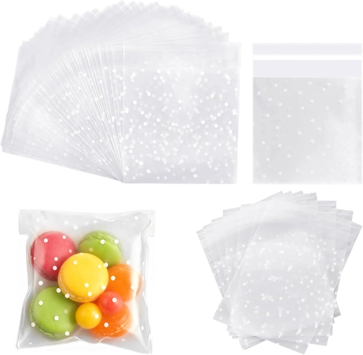 100 stuks cellofaanzakken, cellofaanzakjes, witte stippen, transparant, zelfklevend, 10 x 10 cm, kleine zakjes voor snoep, koekjes, chocolade en geschenkverpakking