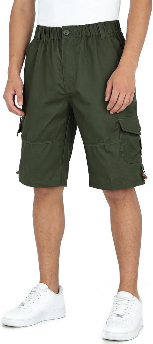 Shorts voor heren, zomer, 100% katoen, losse pasvorm, elastische taille met riemlussen, meerdere zakken, lichte en ademende shorts voor outdoor, wandelen, vissen, kamperen, vrijetijdskleding