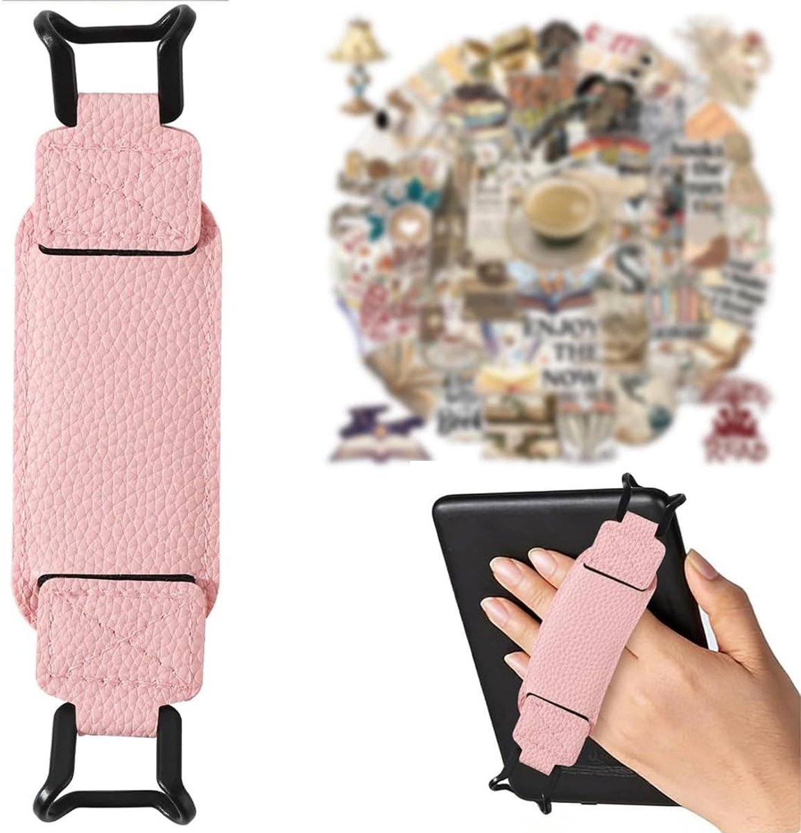 Armband voor Kindle van PU-leer, roze, elastisch voor e-readers en tablets, 50 retro stickers als cadeau, verlicht pijn aan de pols