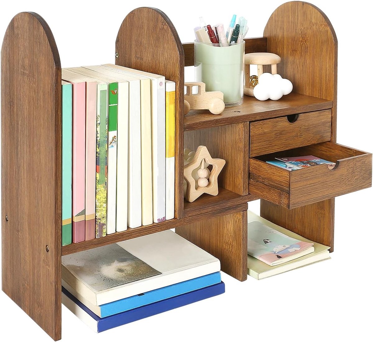 Kleine Houten Boekenplank Organizer - Verstelbare Tafelplank voor Boeken, Kantoorbenodigdheden en Keukenwerkblad