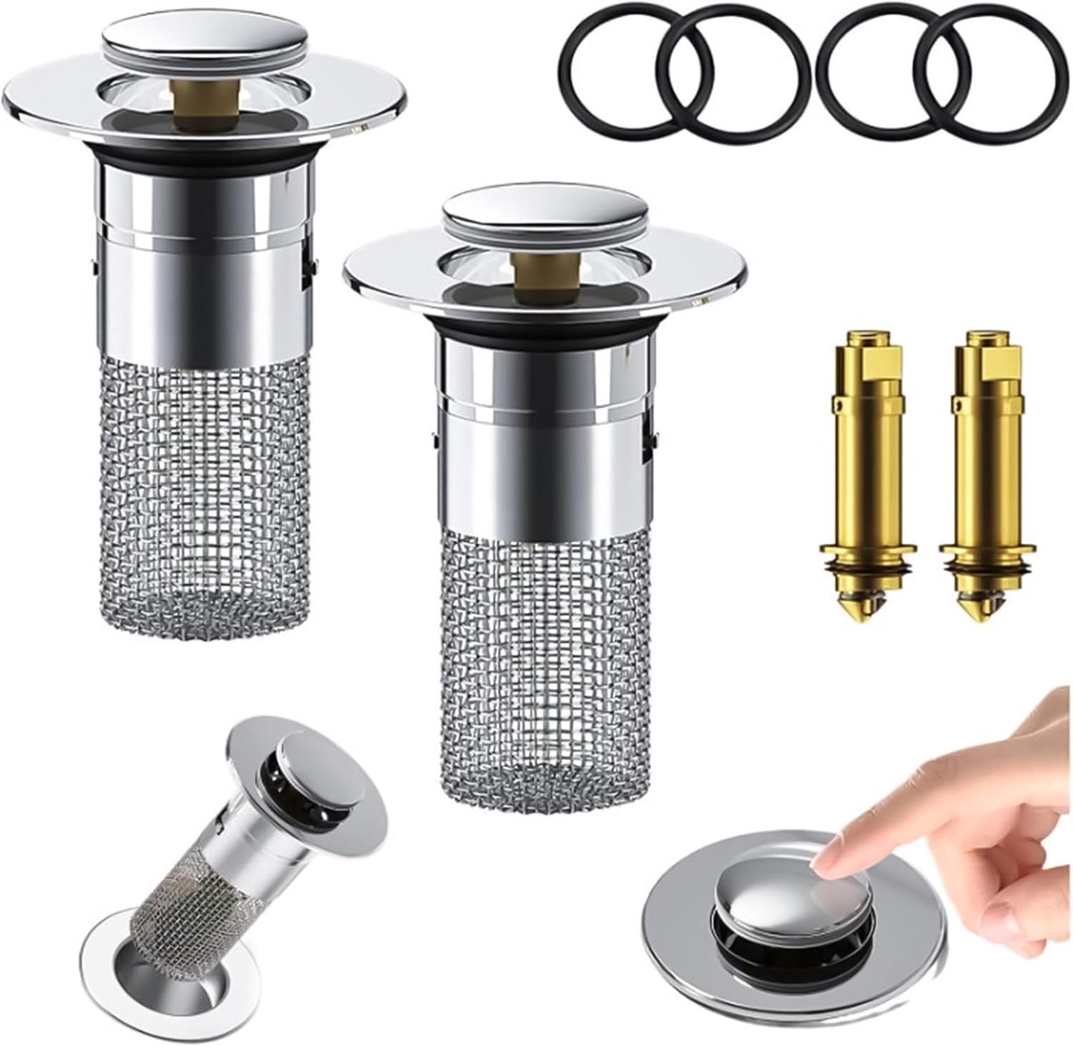 2 stuks filters voor keukenspoelbak, bidetstop, universele pop-up met anti-verstoppingsfilter, bodemafvoerfilter van roestvrij staal, voor het afwateringsgat 34-40 mm, voor badkuip, keuken,