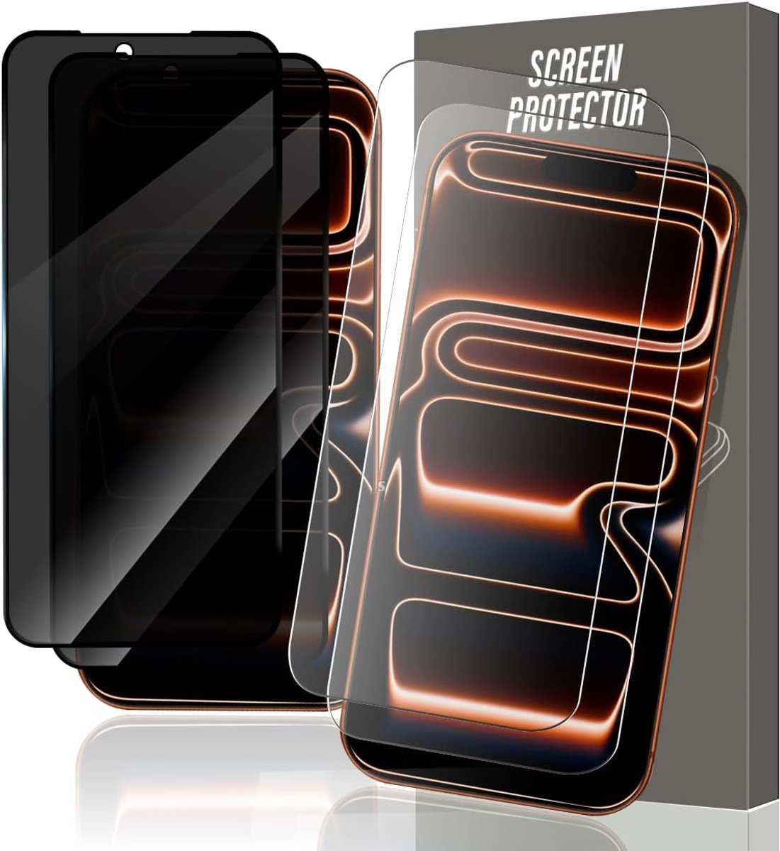 2 + 2 displaybeschermfolies voor iPhone 17 Pro Max, privacyfolie gehard glas en HD-displaybescherming, hardheid 9H, krasbestendig, pantserbescherming