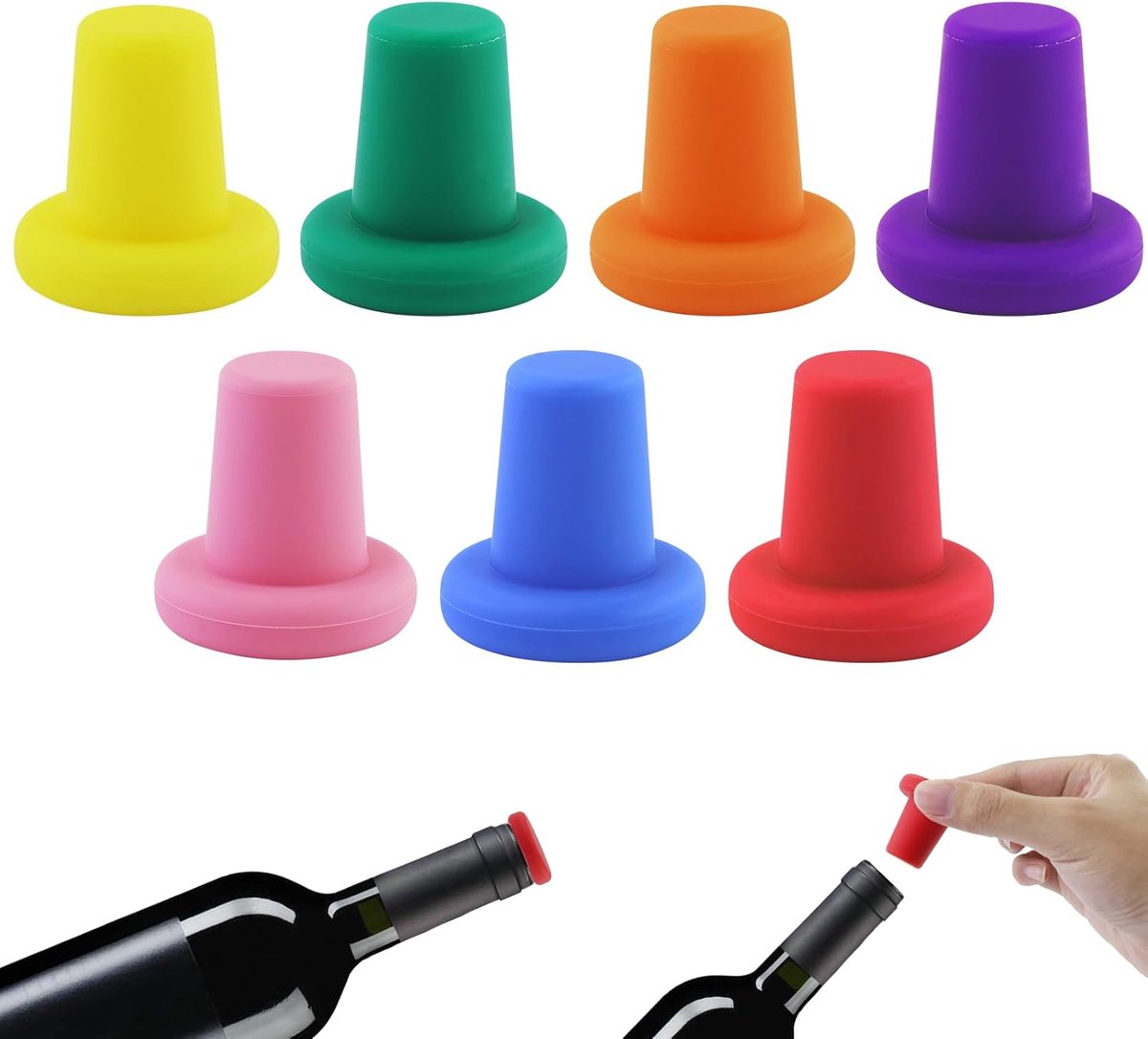 7 stuks siliconen kroonkurken, herbruikbare 7 kleuren wijndop, siliconen flessendop voor Ø 1,8 cm - 2,2 cm binnendiameter van de flesmonding, champagnesluiting, wijnflessendoppen, dranken