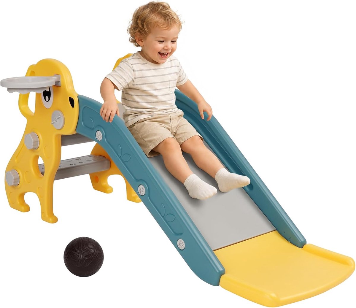 Glijbaan voor kinderen, kleine kinderglijbaan met basketbalmand, tuinglijbaan, peuterglijbaan, kinderspeelglijbaan binnen jaar, kinderglijbaan voor binnen en buiten, babyglijbaan, geel