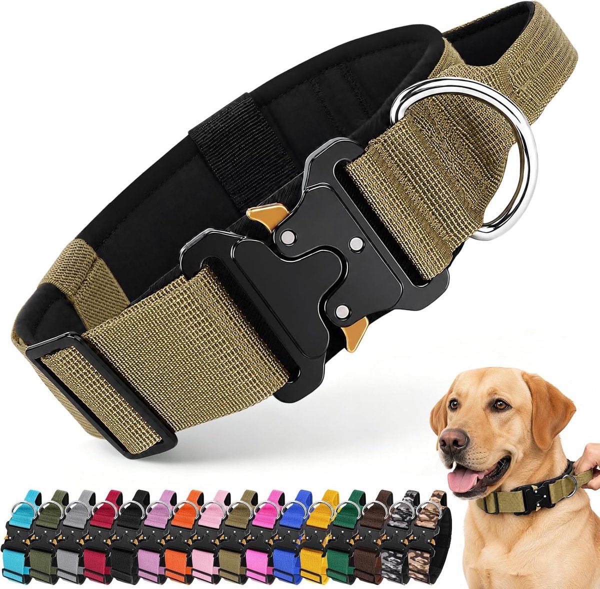 Hondenhalsband, verstelbaar, brede, dikke, zwaar belastbare hondenhalsband met bedieningshandvat en metalen gesp, militair nylon, zacht gevoerde halsbanden voor middelgrote en grote honden