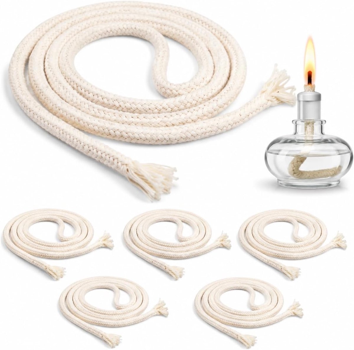 Reservelonten voor olielampen, Ø 8 mm x 100 cm, olielamplont 600 cm, gevlochten lont hoog absorptievermogen om op maat te snijden, compatibel met tuinfakkels, petroleumlampen en fakkels van bamboe