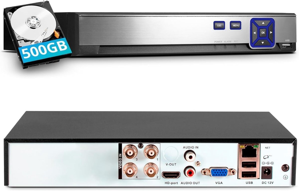 4-kanaals CCTV bewakingsDVR met 500 GB HDD, 4 Ch 5MP H.265+ DVR video-recorder voor analoge XVI AHD TVI IP-camera's, DVR voor beveiligingscamera-bewakingssysteem voor thuis, mobiele app en pc (systeem