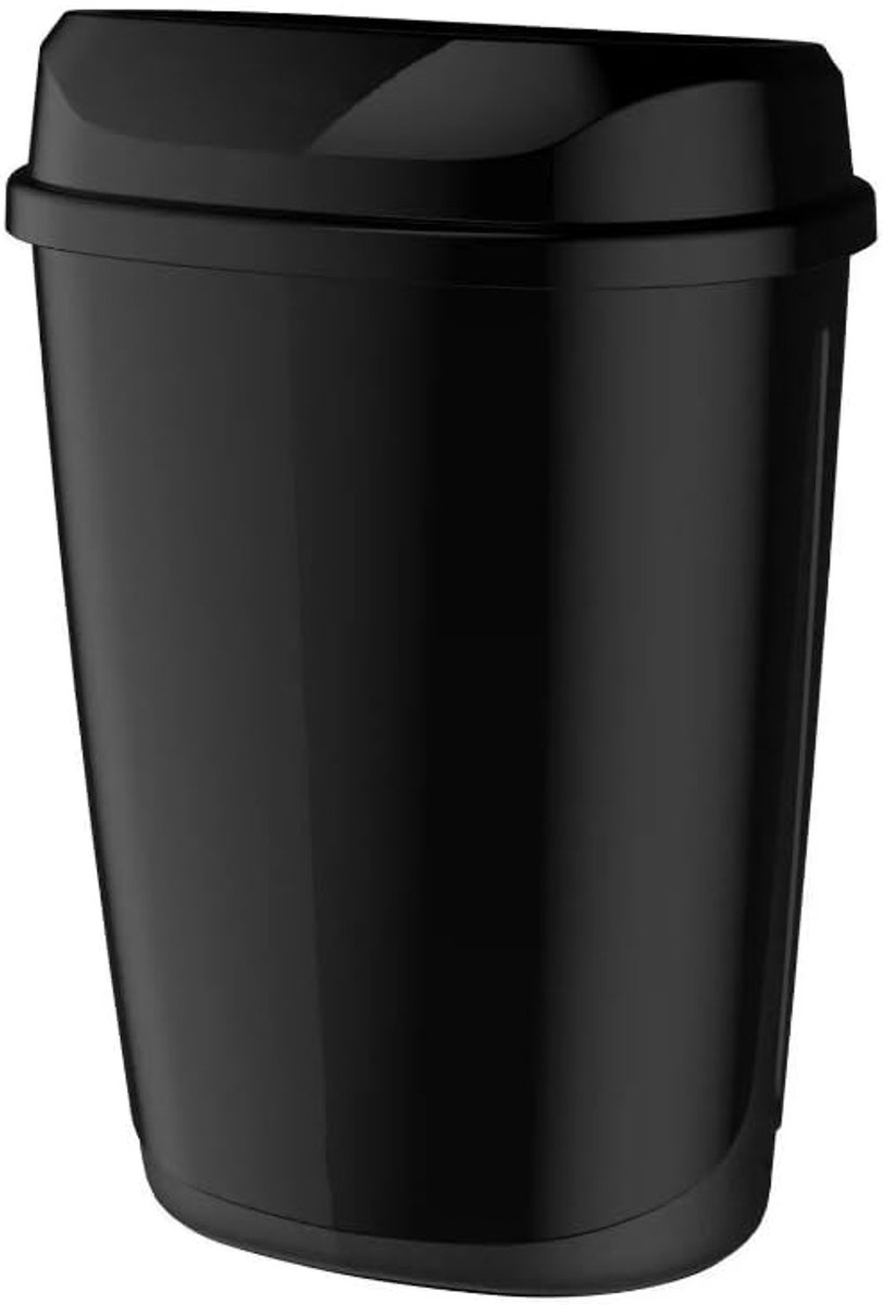 Kunststof vuilnisemmer, 32 l, zwart, met deksel, voor sanitair, wandmontage of staand model, met vuilniszakring en geïntegreerde waterpas