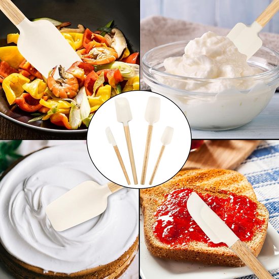 4 stuks deegschrapers, siliconen, spatel met houten handvat, hittebestendig, siliconen spatel, niet plakken, deegschraper, kleine deegspatel, smal, voor koken, mixen, bakken, jam, schilderen — afbeelding 5