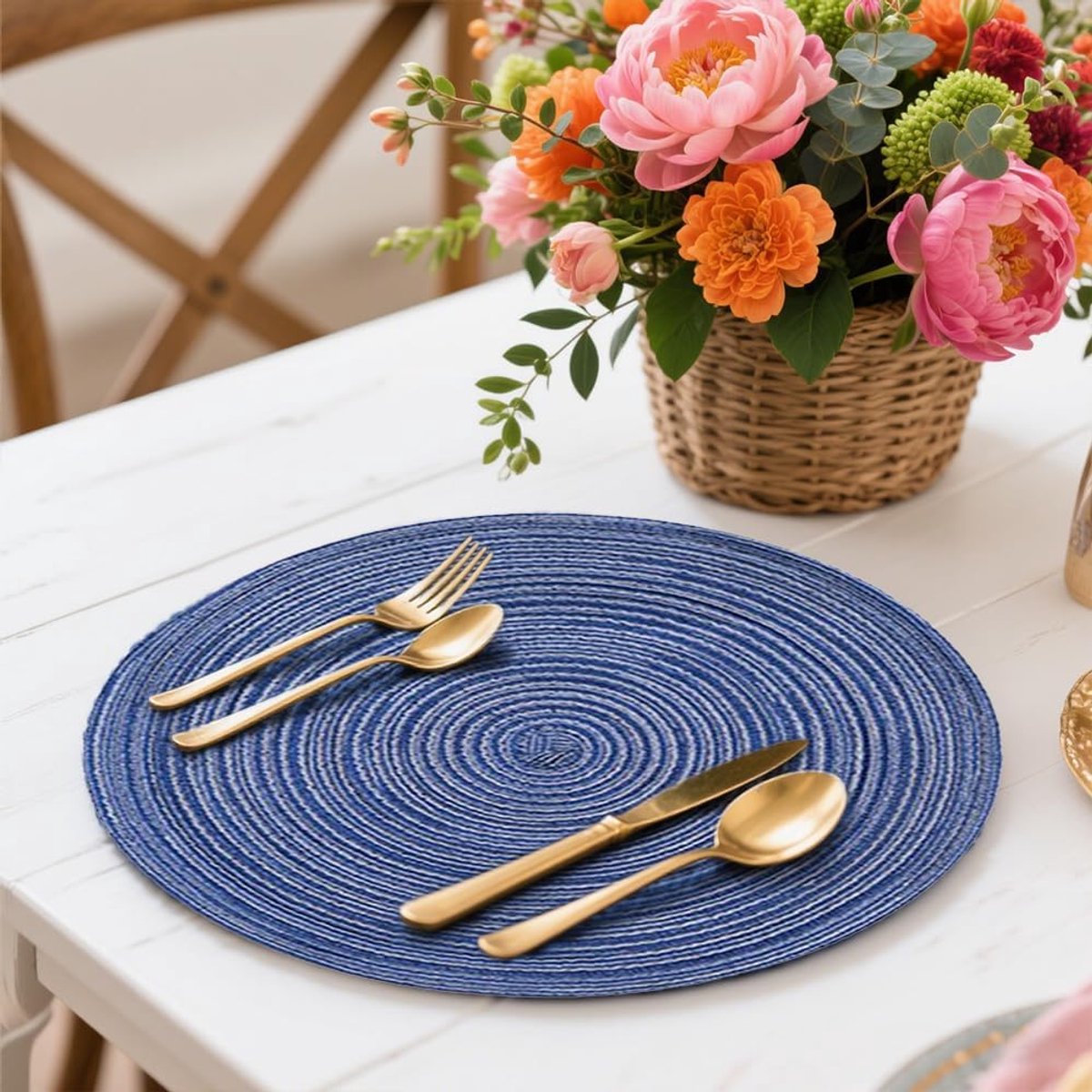 Set van 4 afwasbaar, rond, blauw gevlochten, vuilafstotend, hittebestendig, rond, blauw, M-30 cm