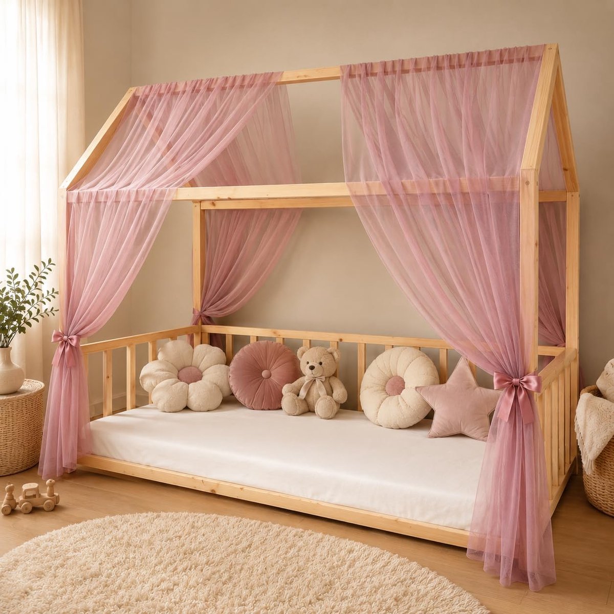Fancyroom Bedhemel voor huisbed kinderbed, universeel, premium tule, 2-delig, huisbedhemel, bedgordijn (oudroze, 300 cm)