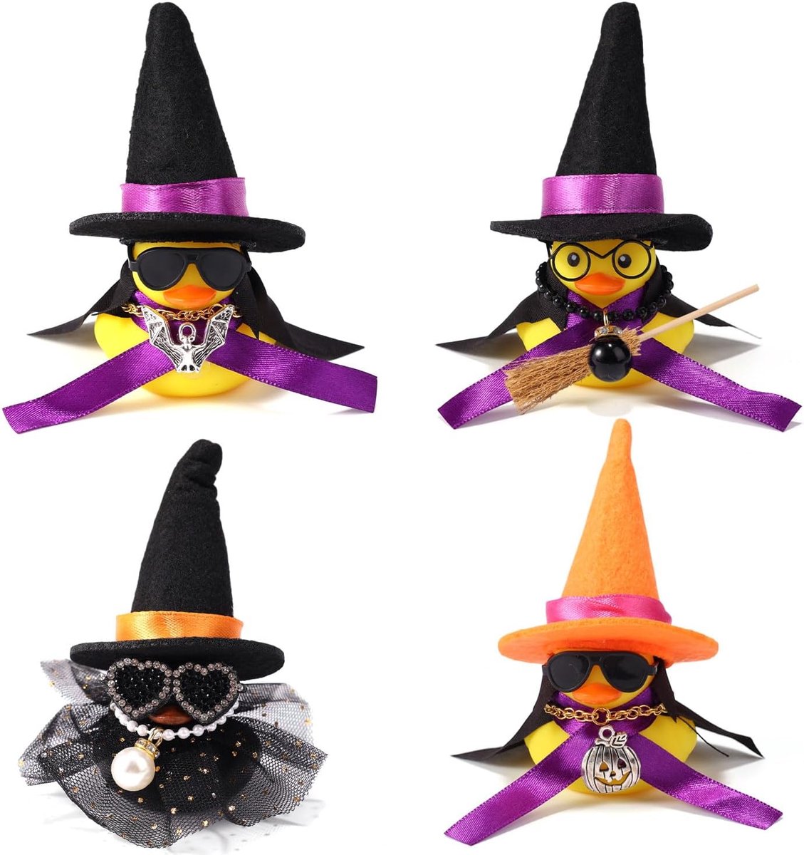 4st Halloween Rubber Eendjes, Coole Rubber Eend Decoraties met Heksenhoed & Zonnebril Cape Ketting Spooky Halloween Party Cadeautjes voor Trick-Or-Treat Snoepzakjes Auto Decoratie