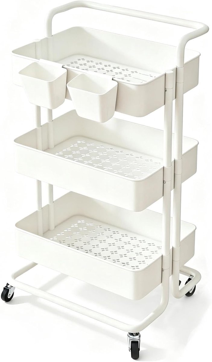 Trolley met 3 niveaus, keukentrolley, opbergwagen met wielen, met 2 dozen, stalen structuur en mand van kunststof, voor keuken, 39 x 36 x 80 cm, wit
