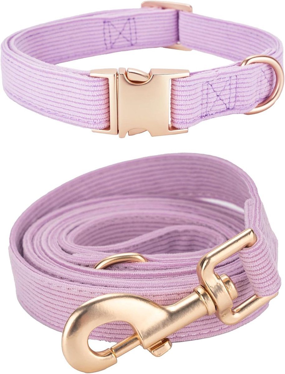 Hondenhalsband en -riemset klein, zachte niet-irriterende corduroy halsband en riem, matchende combinatie voor dagelijks wandelen, paars