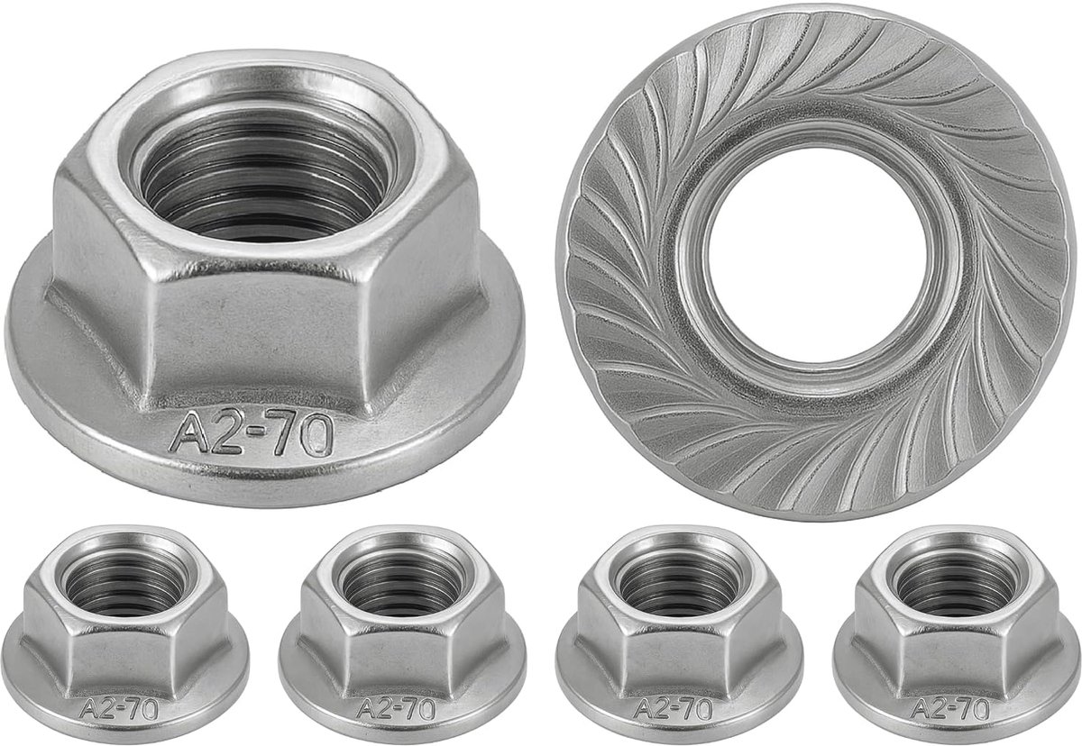 Stalen moer met gekartelde basis M4 | flensringmoeren voor schroeven Ø 4 mm | zelfborgend zeskant DIN 6923 / ISO 4161 | roestvrij staal A2 (V2A / 304) veiligheidsmoer: 10 stuks