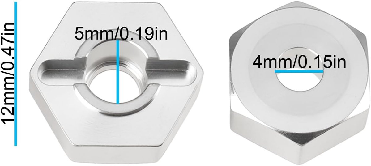8 stuks 12 mm metalen wielhex voor 14209 14210 16440 4x5x12 mm zilver