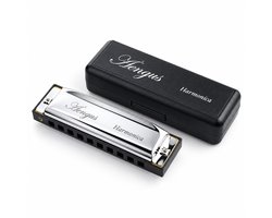 Áengus Mondharmonica C Majeur – Blues Harp met 10 Gaten – Inclusief Zwarte Opbergdoos – Zilver