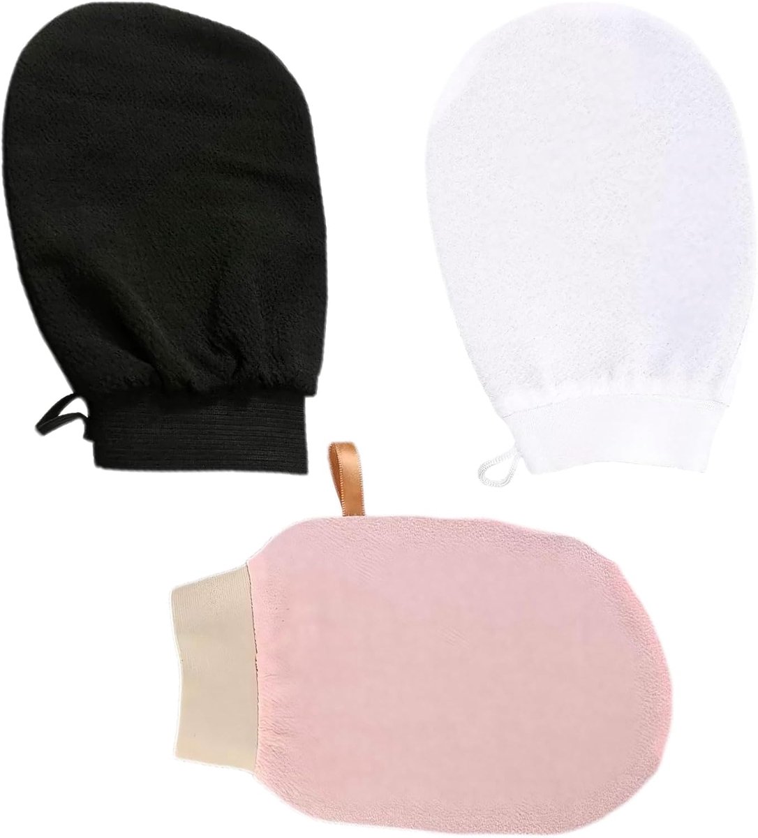 3 stuks peelinghandschoenen, exfoliërende handschoenen, peeling handschoenen, lichaamsham, grofkorrelige massagehandschoen lichaam gezicht scrub badhandschoen eenlaags, dubbelzijdig met omhangkoord