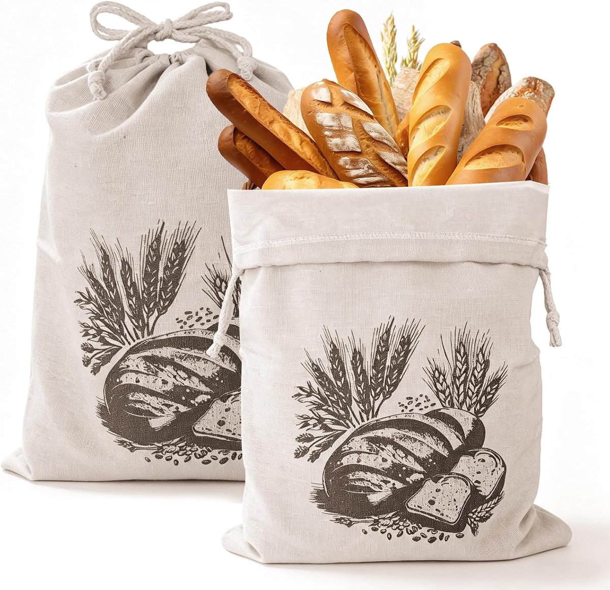 Set van 2 grote broodzakken van linnen, 30 x 40 cm met TPU-binnenvoering, wasbaar, met trekkoord, herbruikbaar voor brood, stokbrood, groenten en fruit