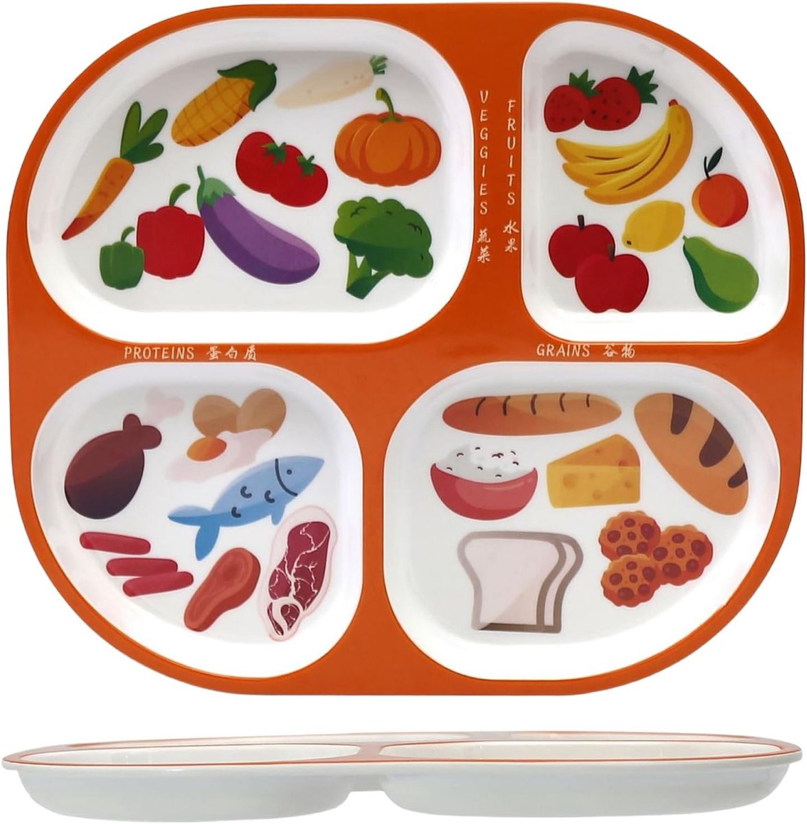 Di Fitness Bord voor portiecontrole voor evenwichtige voeding, plat, verdeeld in 4 platte borden, onbreekbaar, voor voeding, volwassenen, kinderen, oranje