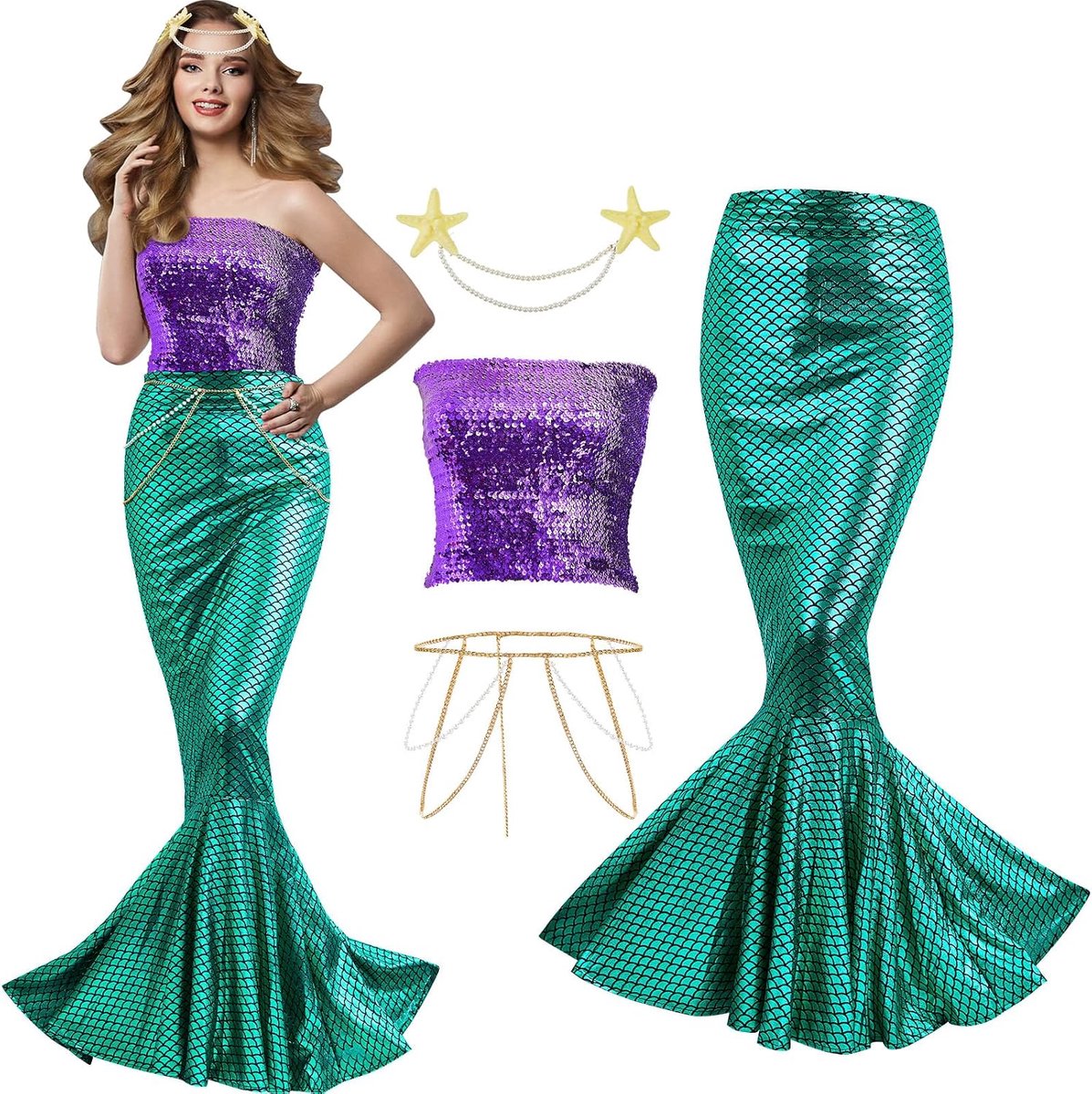 4 Pcs Mermaid Costume for Women Sequin Tube Top Skirt Pearl Waist and Head Chain for Halloween Cosplay (, Purple,Small)