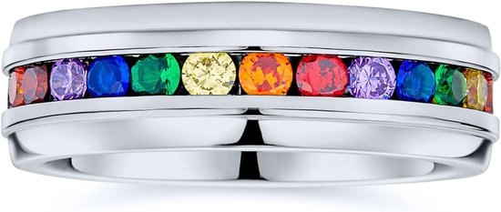 Graveren Unisex Kleurrijke trots maand Koppels Kanaal Set CZ Regenboog 1/2 Eeuwigheid Ring LGBTQ Trouwring Mannen Vrouwen Zilver Tone Gold Tone Rvs 8MM Comfort fit Aanpasbare, — afbeelding 2
