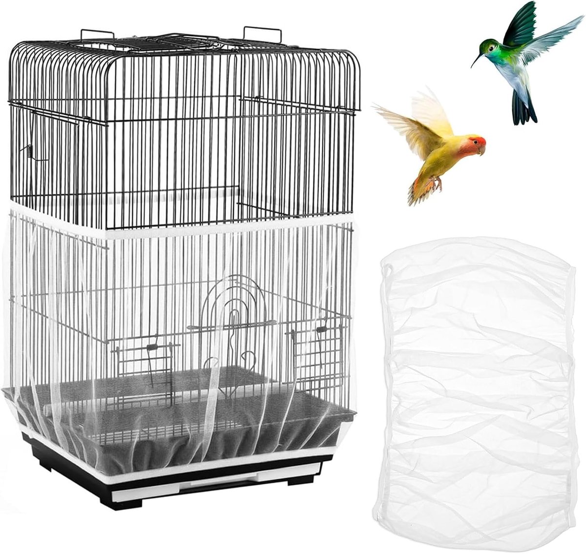2 stuks vogelkooi, groot, vogelkooi, zaadvanger, verstelbare vogelkooi, afdekking voor papegaaien, trekkoord, net voor ronde vierkante kooien