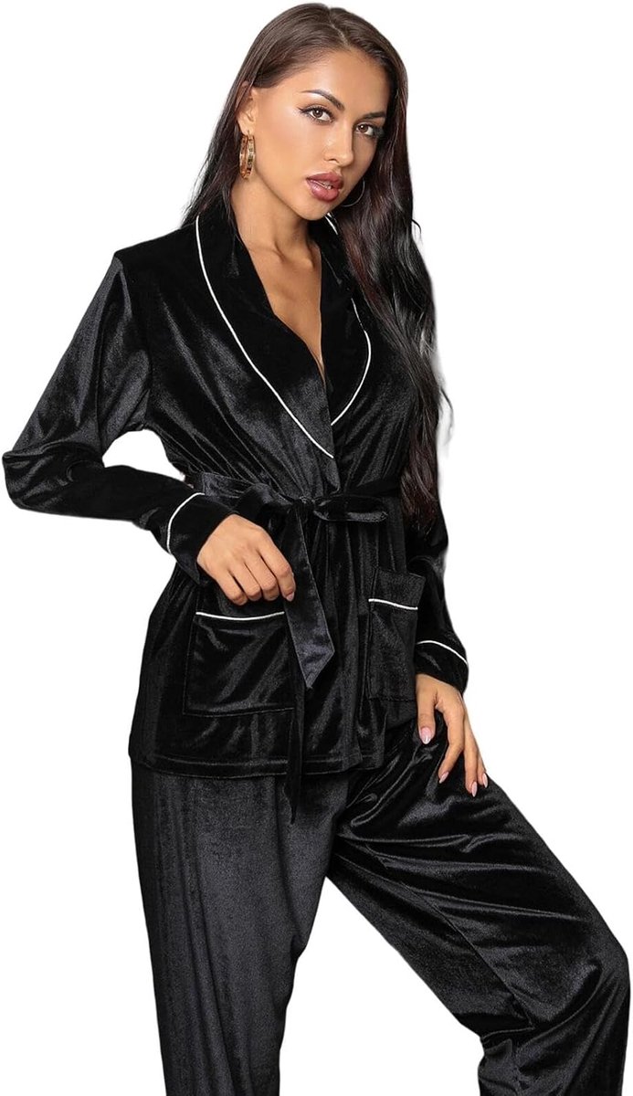 Pajama Set Lace-Up Long Sleeve Pajamas, Autumn And Winter Velvet Warm Pajamas, Fashionable Loungewear-B-S