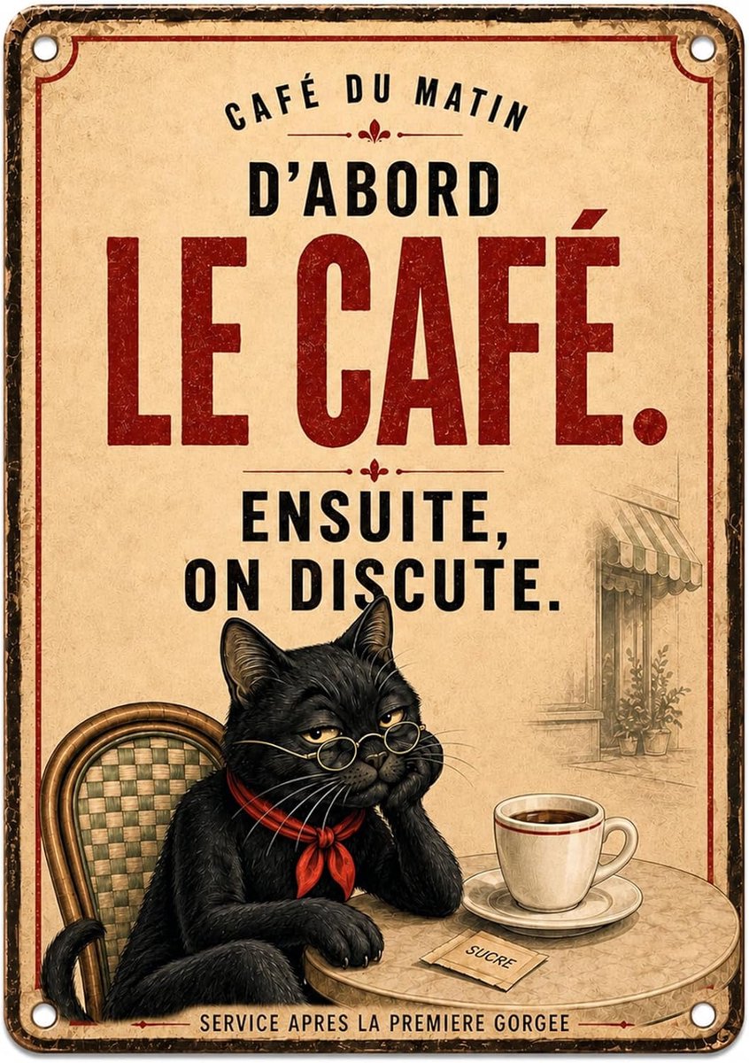 Wanddecoratie, vintage poster, metalen plaat, kat, koffie, 20 x 30
