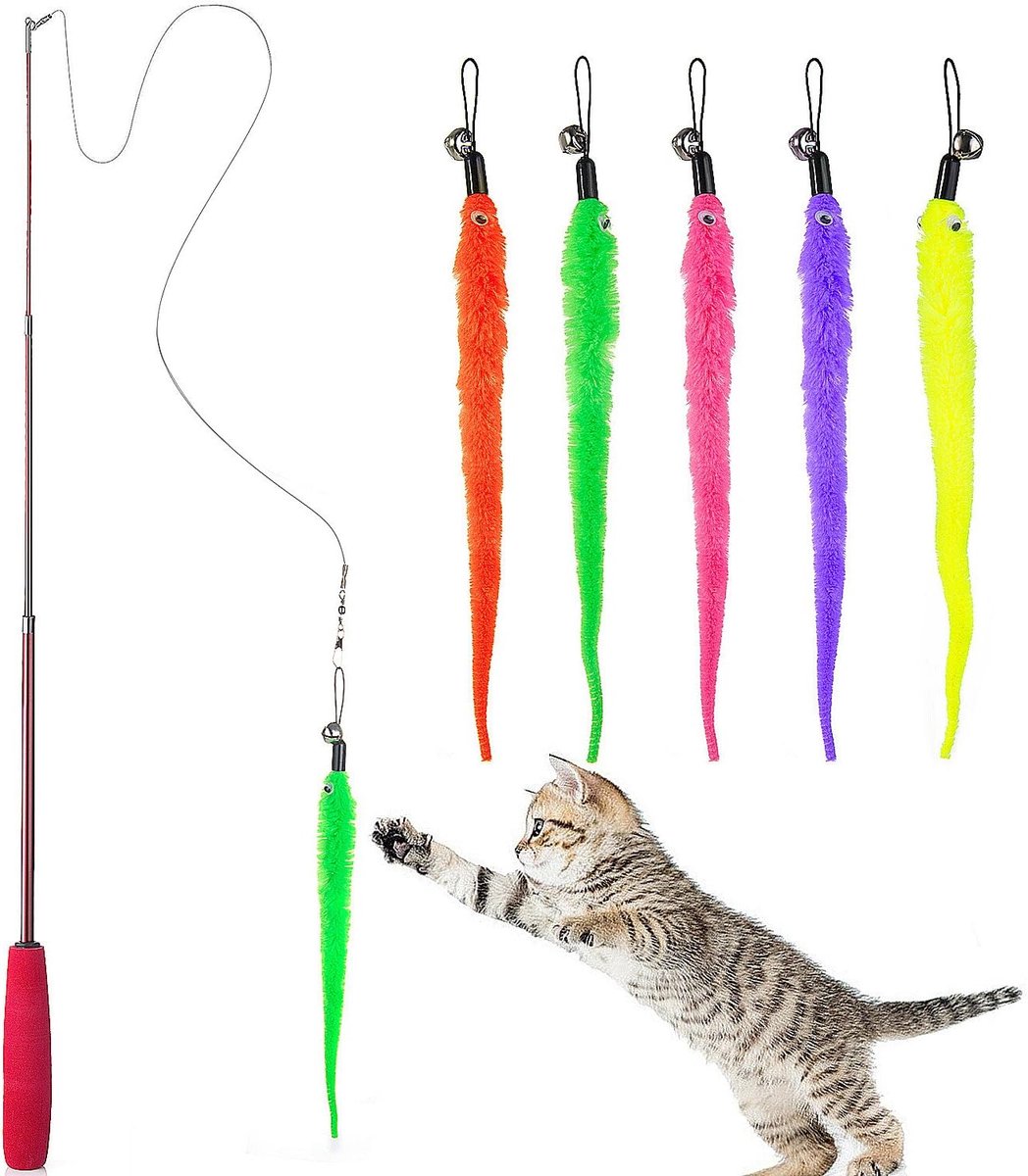 Kattenspeelgoed, intrekbaar natuurlijk veerstaafje, kattenspeelgoed met 5 stuks kattenhengel, vervangende worm, kattenspeelgoed