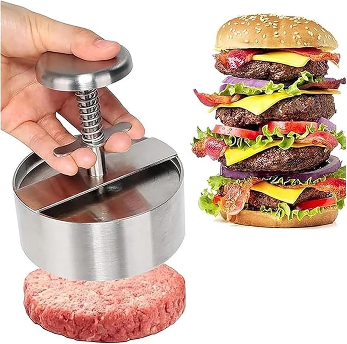 Hamburgerpers, 304 roestvrij staal, verstelbaar, anti-aanbaklaag, burgerpers, anti-verbrandingsbestendige burgerpers voor barbecue en zelfgemaakte hamburgers, 14 cm