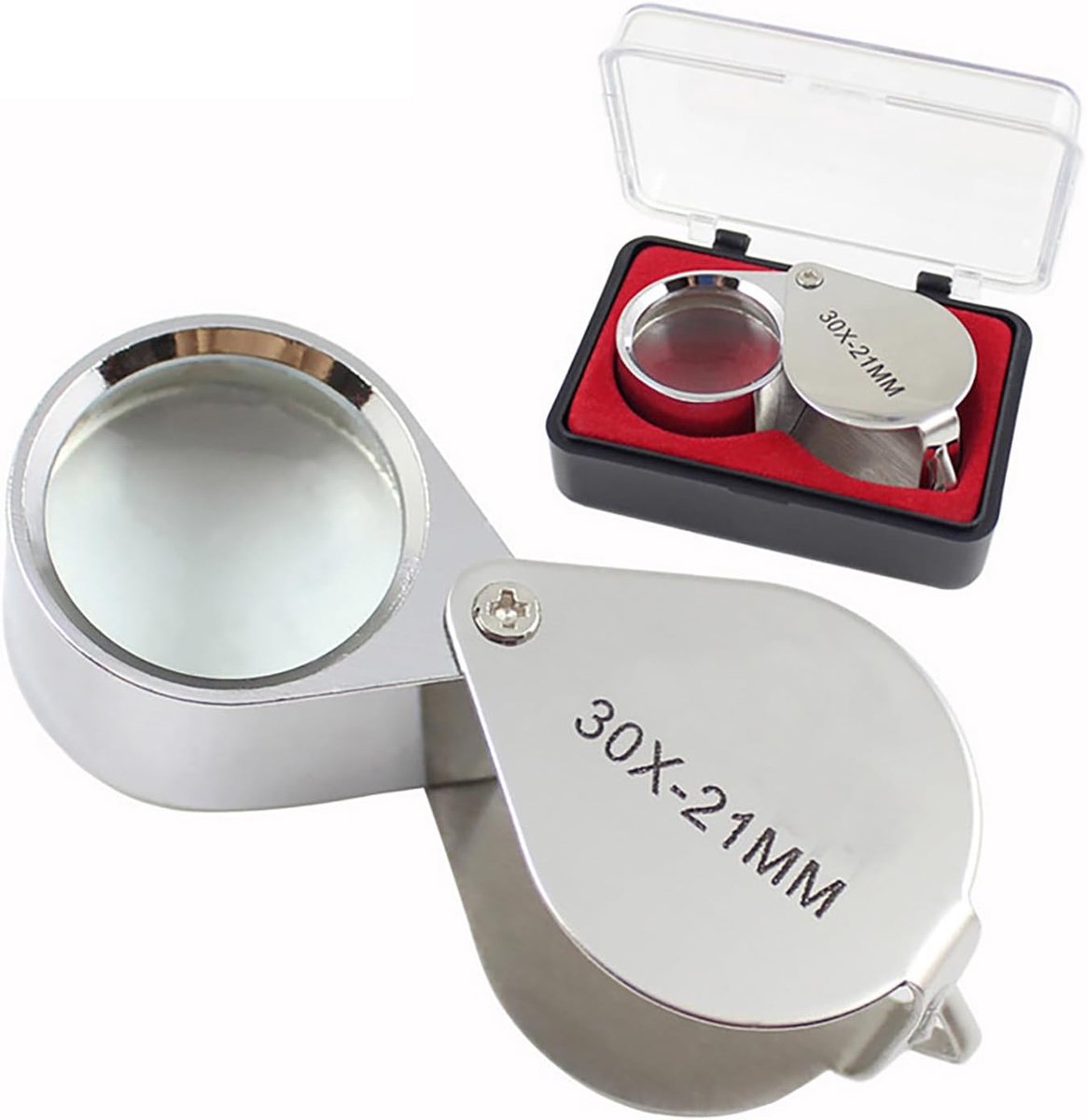 30-voudige vergroting, vergrootglas, opvouwbare zakloep voor juweliers, met 21 mm lens, draagbare loep van metaal voor sieraden, munten, postzegels, lezen en hobby